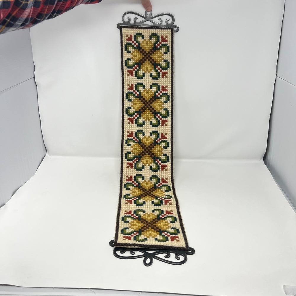 Vintage Needlepoint Wall Hanging 31" Folk Art Geometric Tapestry w/ Metal Hanger